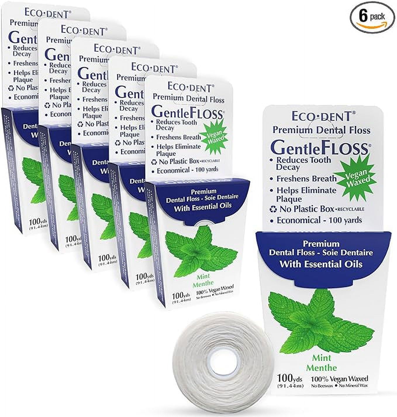 Eco-Dent GentleFloss Dental Floss, Waxed, Mint - Floss with Vegan Plant-Based Wax, Recyclable Cardboard Packaging, 100 Yds Ea (Pack of 6)