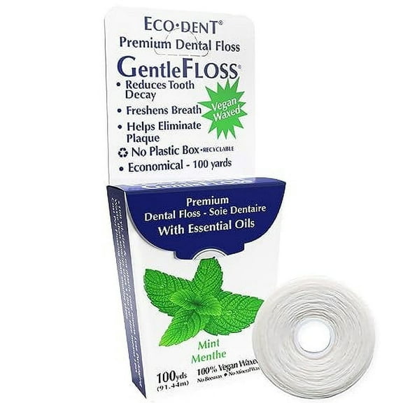 Eco-Dent GentleFloss Dental Floss, Waxed, Mint - Floss with Vegan Plant-Based Wax, Recyclable Cardboard Packaging, 100 Yds