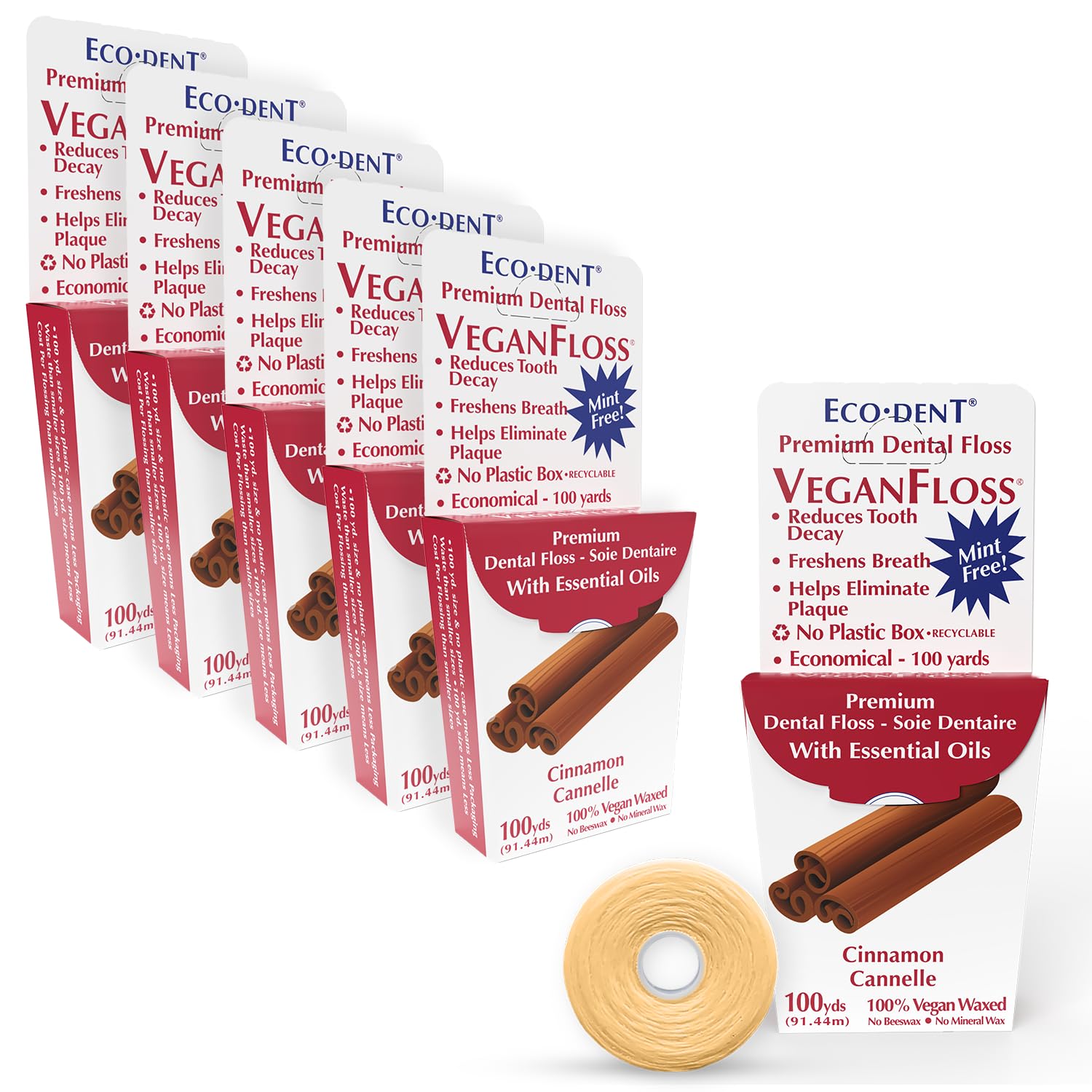 EcoDent VeganFloss Dental Floss, Waxed, Cinnamon Floss with Vegan