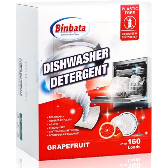 Eco Dishwasher Detergent Sheets Up To 160 Loads, Grapefruit Scent Plastic Free Dishwashing Soap Strips With High Efficient Solid Enzyme, Leaving Dishes Sparkling Clean