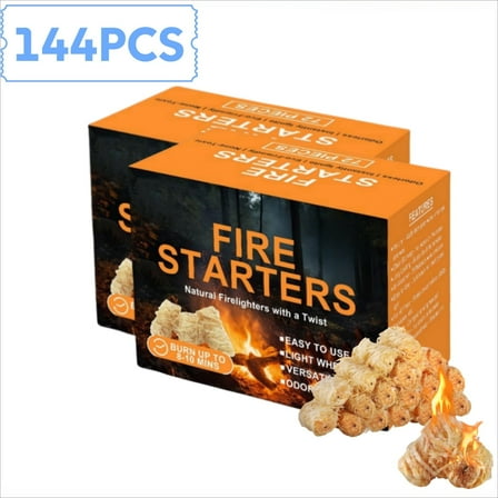 Avger Natural Fire Starters 144-Pack - All-Weather Firelighters for Grills & Campfires, 8-10 Min Burn
