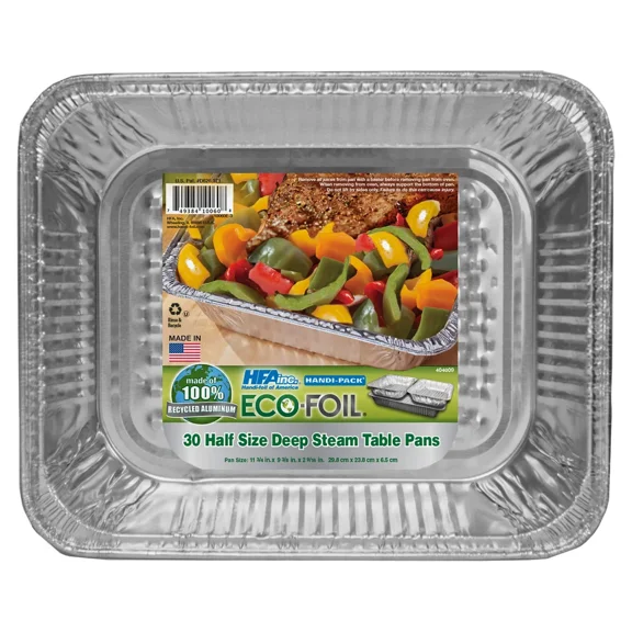Eco-Foil Half Size Deep Steam Table Pans, 30 Count, Disposable Aluminum Food Trays