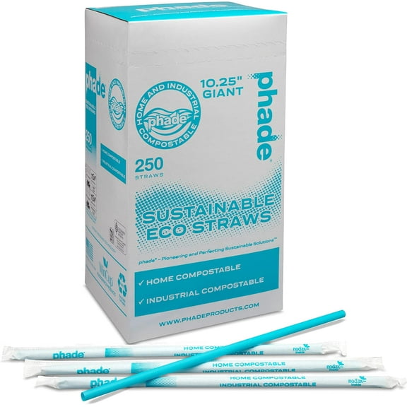 Eco-Friendly 10.25" Giant Drinking Straws 250 Count - Sustainable Marine Biodegradable Compostable Individually Wrapped, 1 Pack