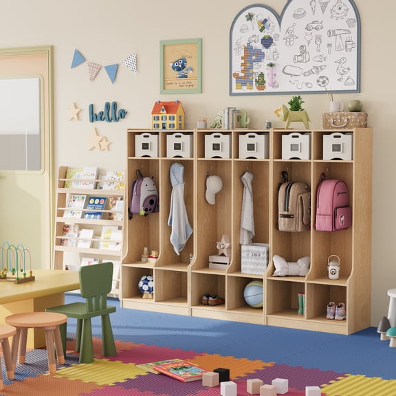 Eco-Friendly 2-Section Kids Wooden Coat Locker – 4 Storage Cubbies & 4 Hooks – Child-Safe Organizer for Home, Nursery, Playroom – Sturdy & Tip-Resistant – Natural Wood Color