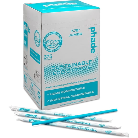 Eco-Friendly 7.75" 375 Count Jumbo Drinking Straws - Sustainable Marine Biodegradable Compostable Individually Wrapped, 1 Pack