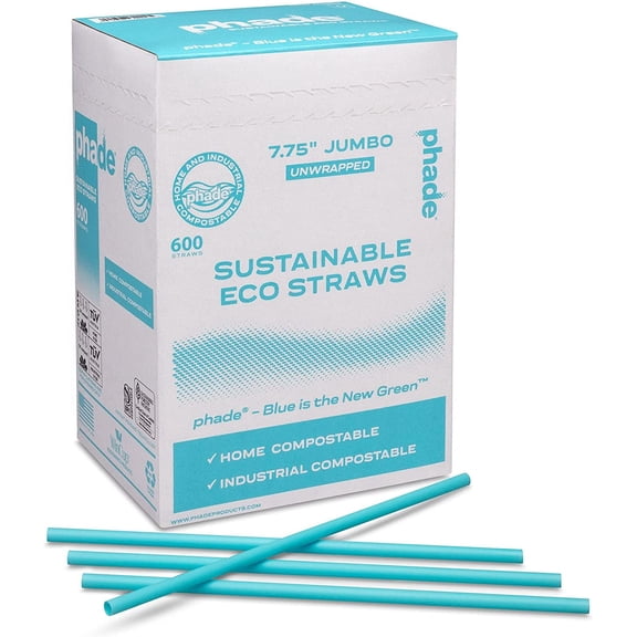 Eco-Friendly 7.75" Jumbo Drinking Straws, Un-wrapped 600 Count - Sustainable Marine Biodegradable, Compostable, 1 Pack
