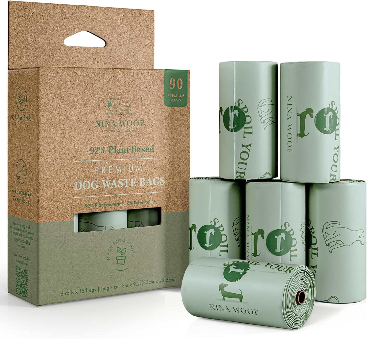 Eco-Friendly 92% Plant-Based Dog Poop Bags Rolls -90 Extra Thick, Durable, Leak-Proof, Odorless, Convenient Disposal - USDA Certified, Heavy-Duty Trash Bags and Garbage Bags