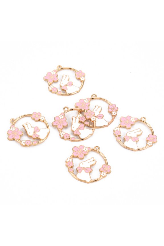Eco-Friendly Alloy Enamel Pendants Cadmium Free & Lead Free & Nickel Free Light Gold Ring with Rabbit and Sakura Pink 30x31x2mm Hole: 1.8mm