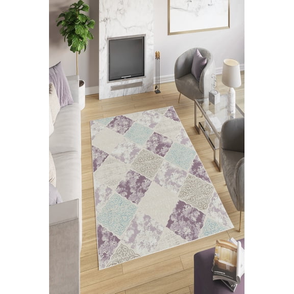 Eco-Friendly Area Rug (5.9 x 9.2 ft), 100% Polyester, 650 g/m, Antibacterial, Non-Slip PVC Dot Underside | Machine Washable, Digital Printed in Beige, Purple, Blue & Mink |