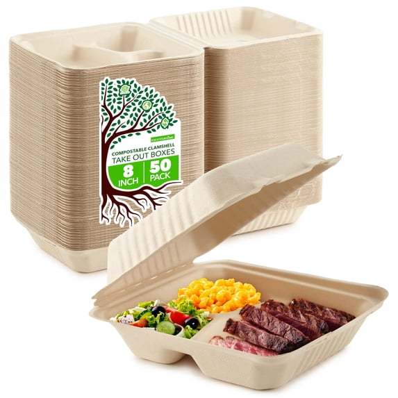 Clamshell Take Out Food Containers 8" x 8” (50 Pack) 3-Compartment, Disposable To Go Container, Togo Boxes With Lids, Trays for Lunch, Dinner, Meal-Prep, Eco Friendly