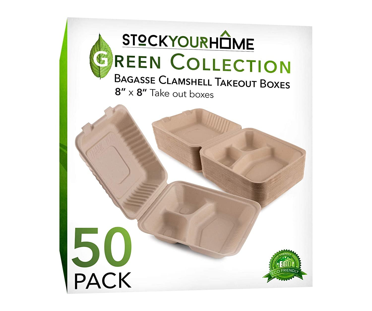  8X8 3Compartment 50-Pack Plastic Clamshell Take Out