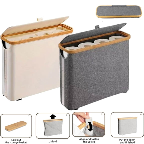Eco-Friendly Bamboo Storage Bag,Portable Space-Saving Home Organizer, Fabric Toilet Paper Storage Basket with Lid and Handle,Non-slip, Durable,Easy to Install,Suitable for Bathrooms and Homes