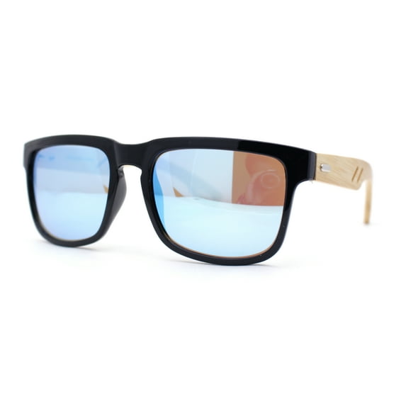 Eco Friendly Bamboo Wood Arm Rectangle Horn Rim Keyhole Sunglasses Black - Blue Mirror