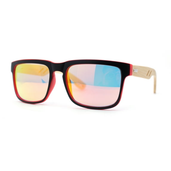 Eco Friendly Bamboo Wood Arm Rectangle Horn Rim Keyhole Sunglasses Black Red - Orange Mirror