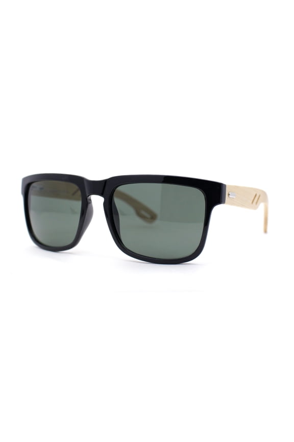 Eco Friendly Bamboo Wood Arm Rectangle Horn Rim Keyhole Sunglasses Black - Solid Green