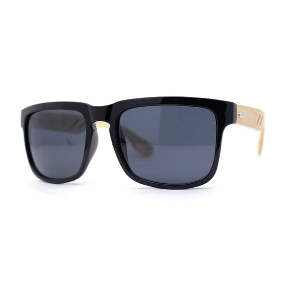 Eco Friendly Bamboo Wood Arm Rectangle Horn Rim Keyhole Sunglasses Shiny Black