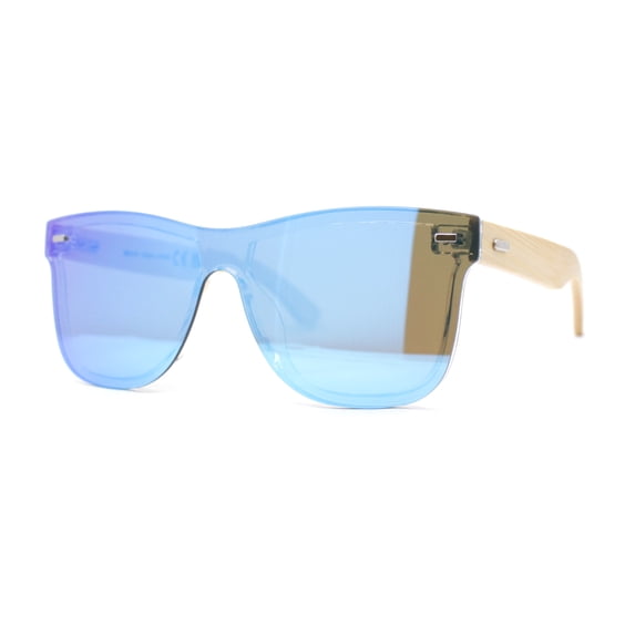 Eco Friendly Bamboo Wood Arm Rimless Shield Horn Rim Sunglasses Blue Mirror
