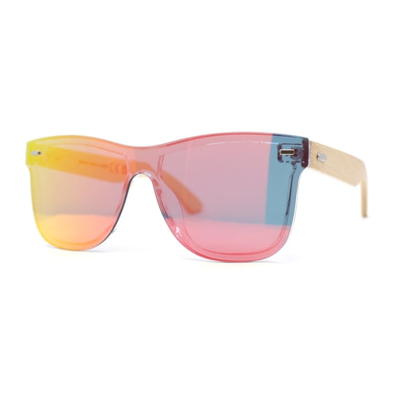 Eco Friendly Bamboo Wood Arm Rimless Shield Horn Rim Sunglasses Fuchsia Mirror