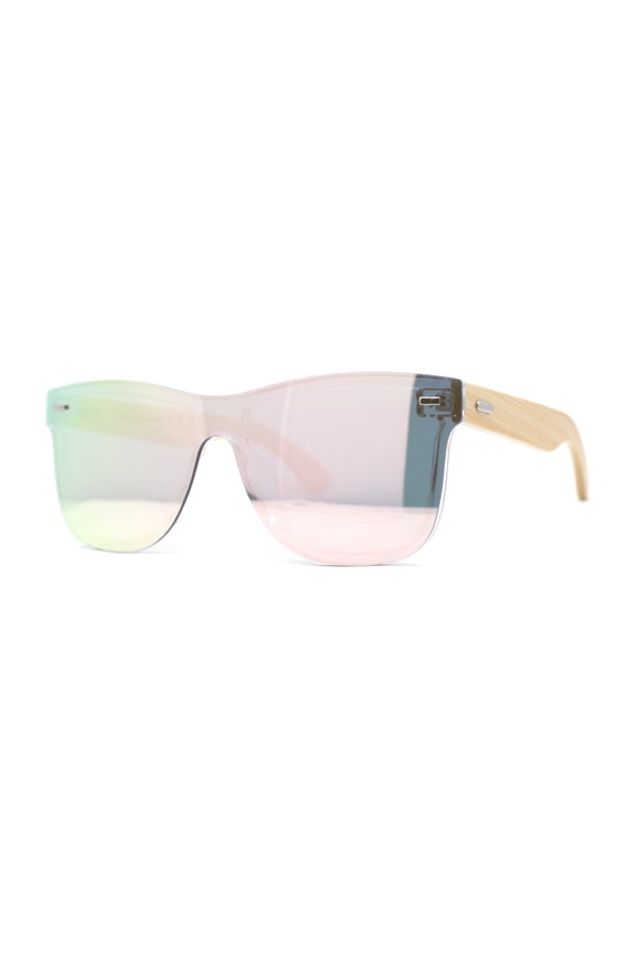 Eco Friendly Bamboo Wood Arm Rimless Shield Horn Rim Sunglasses Pink Mirror