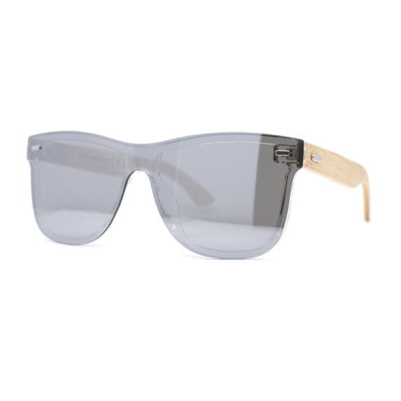 Eco Friendly Bamboo Wood Arm Rimless Shield Horn Rim Sunglasses Silver Mirror