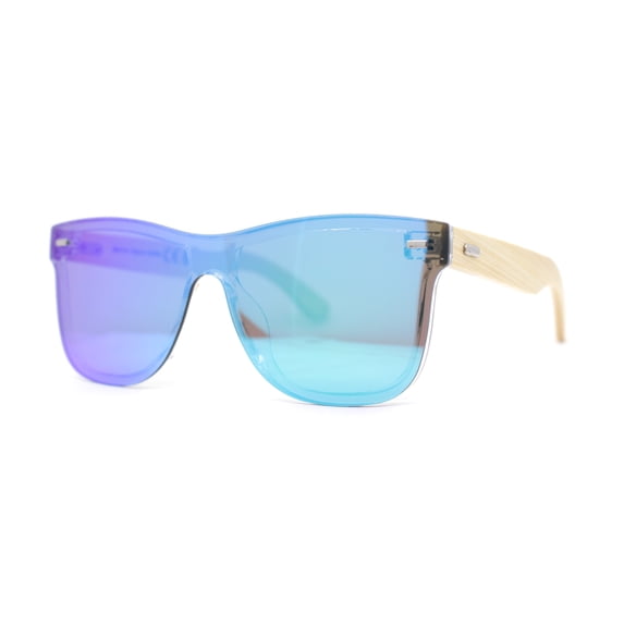 Eco Friendly Bamboo Wood Arm Rimless Shield Horn Rim Sunglasses Teal Mirror