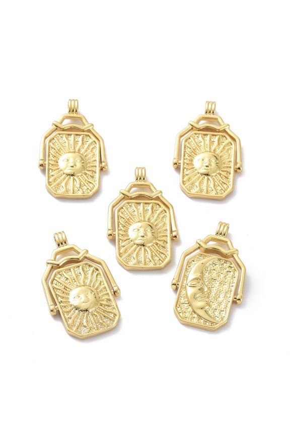 Eco-Friendly Brass Pendants Long-Lasting Plated Transfer Card Shape Sun with Moon Real 18K Gold Plated 36x22x4.5~3mm Hole: 3X4mm DIY