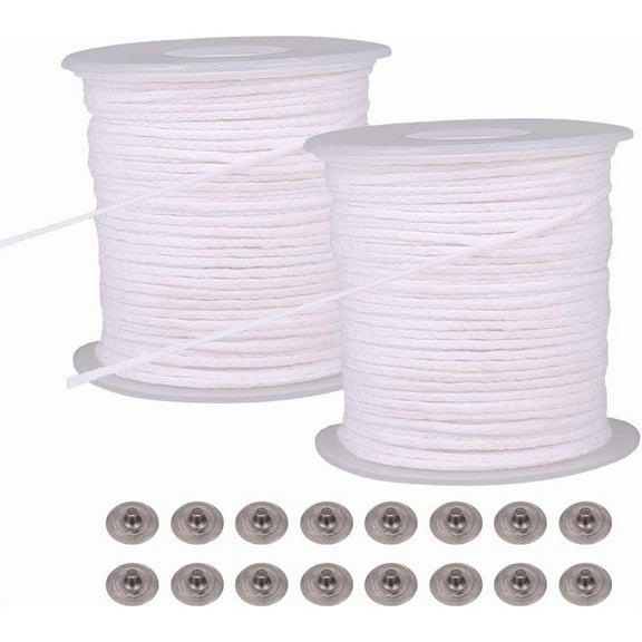 Eco-Friendly Candle Wick 18-Ply with Iron Candle Wick Base White Candle Wick: 2x0.5mm about 61m/roll 2rolls/set Candle Wick Base: 12.5x4mm 100pcs/set