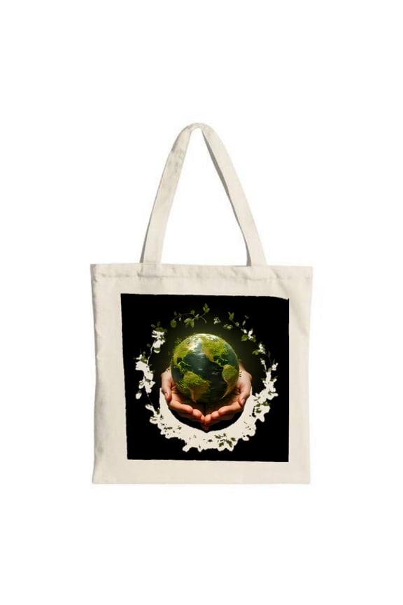 Eco-Friendly Canvas Tote Bag with Hands Cradling Globe Design Surrounded by Leaves & Butterflies - Perfect for Shopping & Travel
