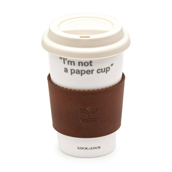 Eco Friendly Ceramic Cup with Lid - White, Brown Sleeve