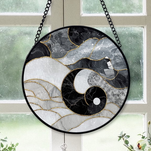 Eco Friendly Christmas Gift - Black White Gold Marbles Clouds Star Round Christmas Stained Glass Hanging Ornament - Festive Tree Decoration, Holiday Gift for Family, Friends, Mom & Dad