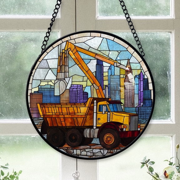 Eco Friendly Christmas Gift - Construction Truck Xmas Stained Glass Hanging Ornament - Festive Holiday Tree Decoration, Meaningful Christmas Gift for Mom, Dad, Family, Friends