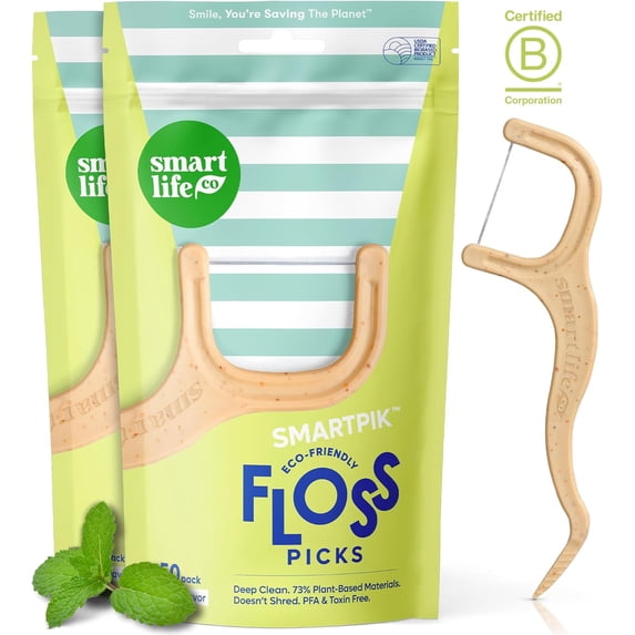 Eco-Friendly Dental Floss Picks (100ct) - Flossers Made with Straw Wheat Blend, Superior Anti-Shred Thread for Tight Gaps, Tooth Pick Stick for Adults, Soft on & Teeth, Vegan, Mint
