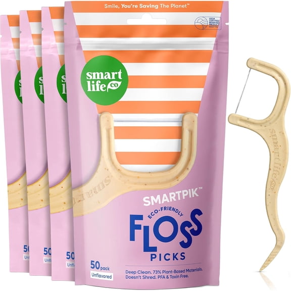 Eco-Friendly Dental Floss Picks (200ct) - Flossers Made With Straw Wheat Blend, Strong Anti-Shred Thread For Tight Gaps, Tooth Pick Stick Adults, Soft on Gum & Teeth, Vegan, Unflavored