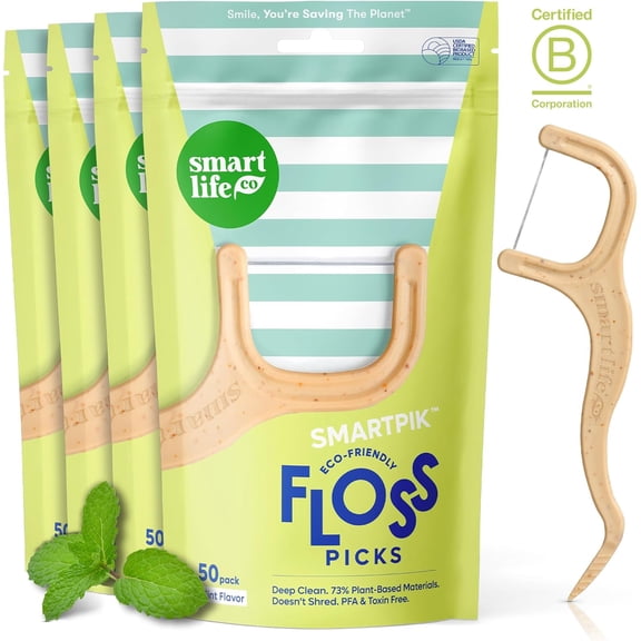 Eco-Friendly Dental Floss Picks (200ct) - Flossers Made with Straw Wheat Blend, Superior Anti-Shred Thread for Tight Gaps, Tooth Pick Stick for Adults, Soft on & Teeth, Vegan, Mint