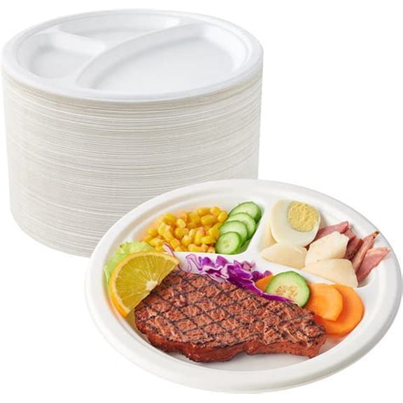 Eco-Friendly Disposable Plates 10 Inch 3 compt Sturdy, Biodegradable Party Plates for Events, Birthdays, and Daily Use (Pack of 25, Round/White)