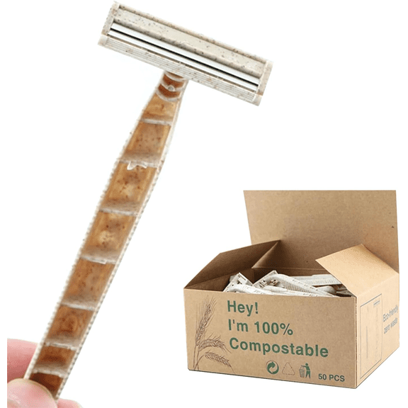 Eco-Friendly Disposable Razor Twin Blade Shaving Razor for Men and Women Biodegradable Wheat Straw Handle Made from Recycled Materials - Box of 50
