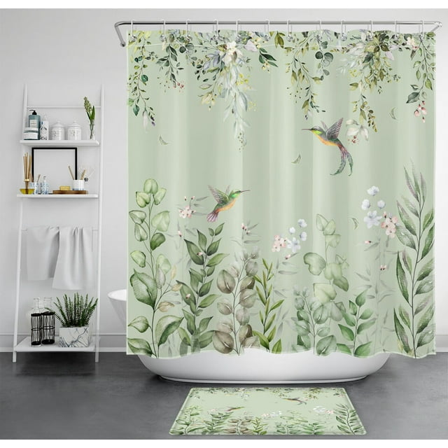 EcoFriendly Eucalyptus Leaf Hummingbird Shower Curtain Sustainable