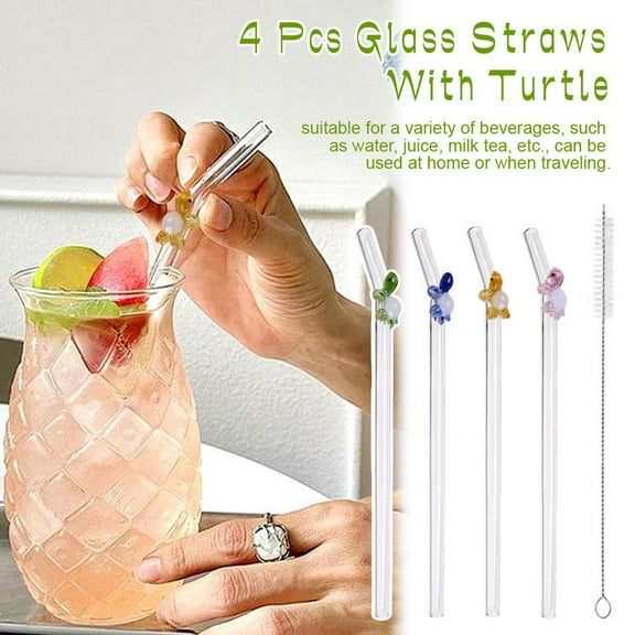 Eco-Friendly Glass Straw Set, 8.07 in Reusable Straws with Cute Turtle Decor, Reduces Single-Use Plastic Waste, Great for Parties, Picnics, and Daily Beveragesmulticolor,4pcs