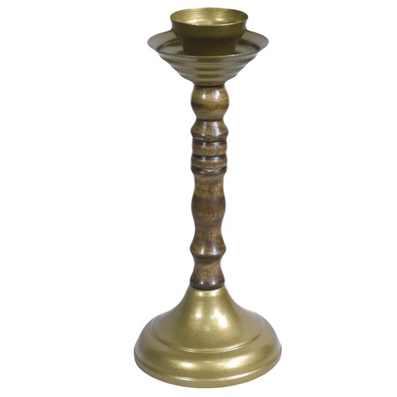 Eco-Friendly Handmade Gold Color Coated Iron & Wood Traditional Pillar 8.26'' x 3.5'' x 3.5'' Inches Candle Holder for Living Room, Dinning Room, Study Room, Spa, Place Of Worship, etc