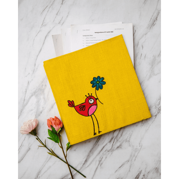 Eco Friendly Jute Binder Folder with Bird Design- School Supplies- Office Supplies -Hand Made Sustainable