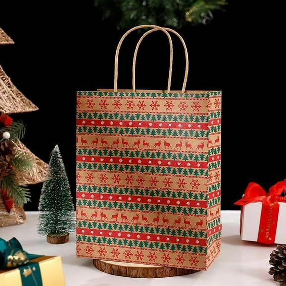 Eco-Friendly Kraft Paper Gift Bags With Handles for Christmas Gift Packaging, 3 Designs: Snowflake, Bells, Forest; Durable Tote Bags for Hassle-Free Gifting