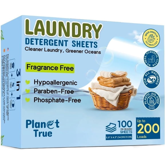 Eco-Friendly Laundry Detergent Sheets, 200 Loads (100 Sheets) Fragrance Free Sheet laundry detergent, Plastic-Free laundry detergent sheets travel, Easy Storage & Liquidless Washing