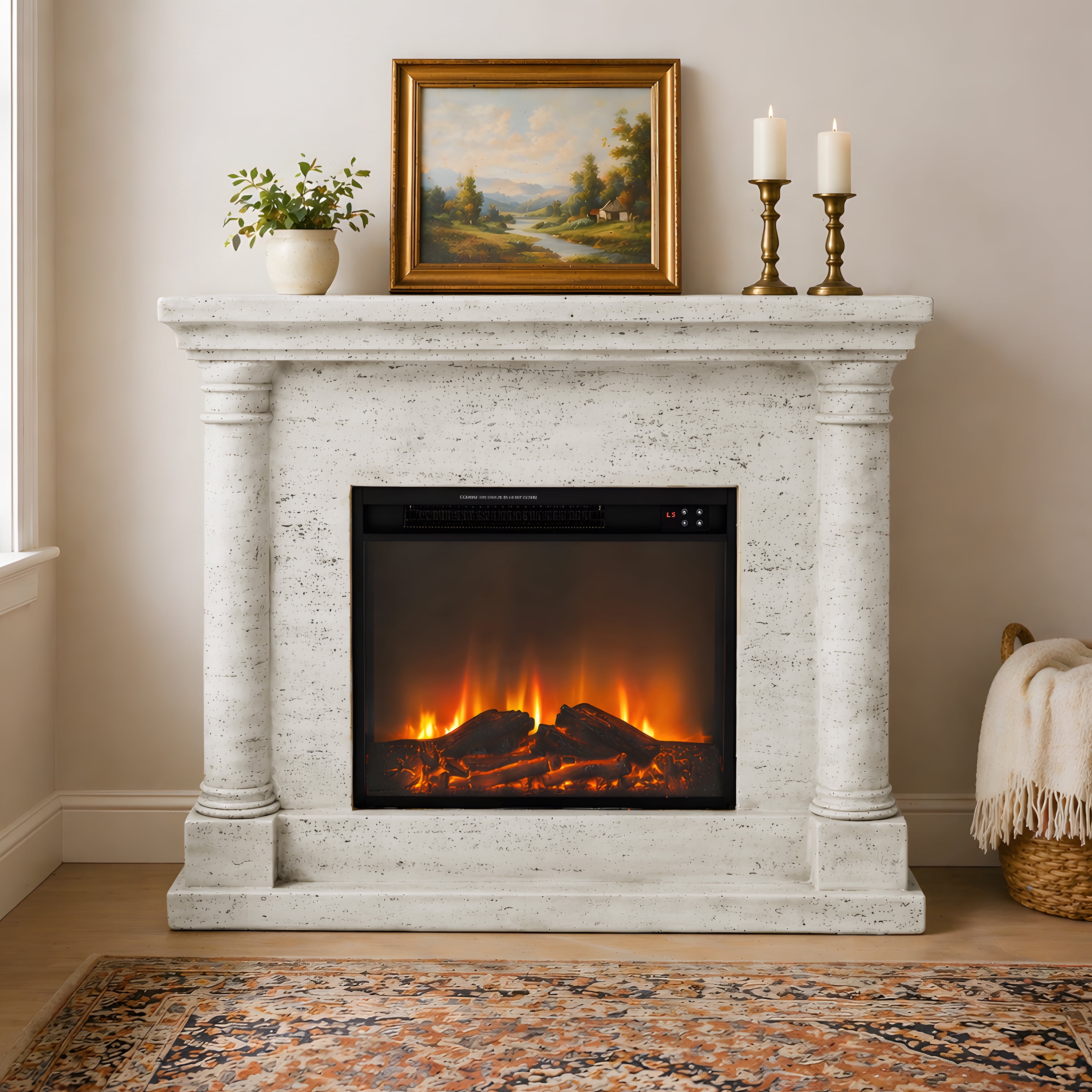 Eco-Friendly MGO Fireplace with 23" Firebox, Adjustable Temperature, Sleek Design, No Installation Required，Ivory Oak Travertine
