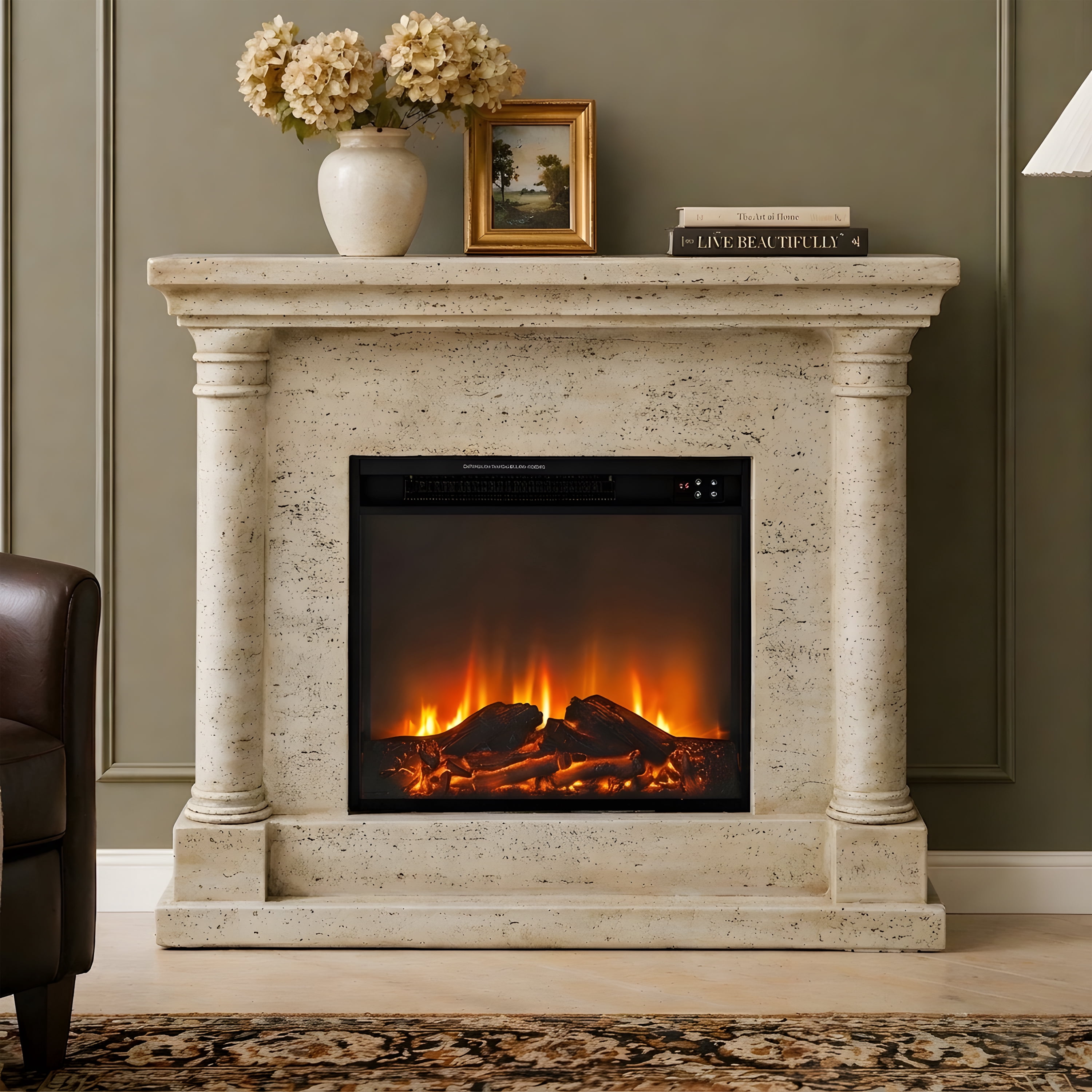 Eco-Friendly MGO Fireplace with 23" Firebox, Adjustable Temperature, Sleek Design, No Installation Required，Sahara Oak Travertine