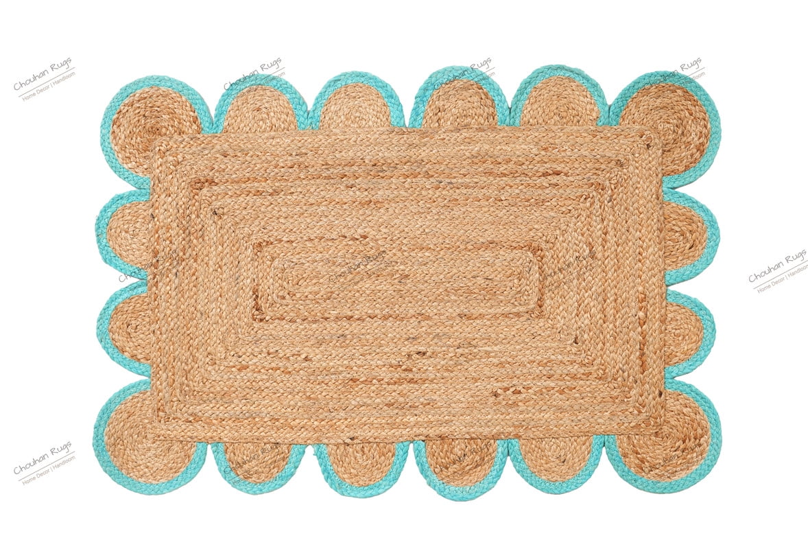 Eco Friendly Natural Jute Rug Hand Braided Beige and Cyan Color Scalloped Pattern Rectangle Rug