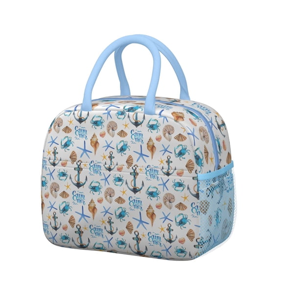 Eco-Friendly Nautical Lunch Tote with Sail and Rudder Prints, Insulated Thermal Lunch Bag, Reusable Cooler with Zipper Closure for Work Commuting, Picnic, and Travel