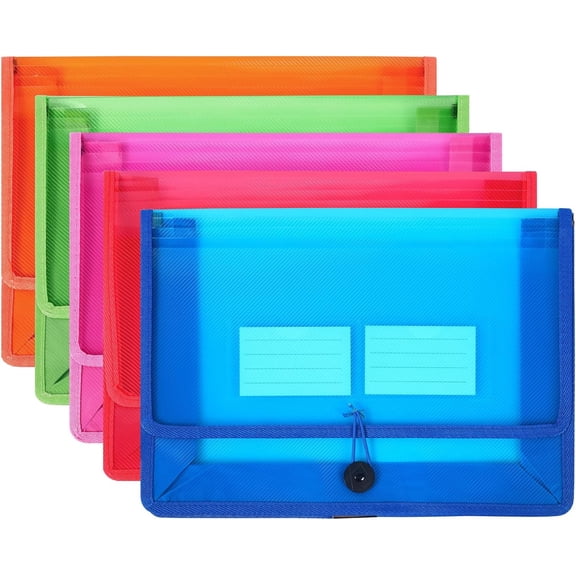 Eco-Friendly Plastic File Folders, Expanding Poly File Wallet, Transparent Expandable Envelope Organizer Document Folder with Elastic Band and Button Closure, with Small Two Pockets, 5 Colors