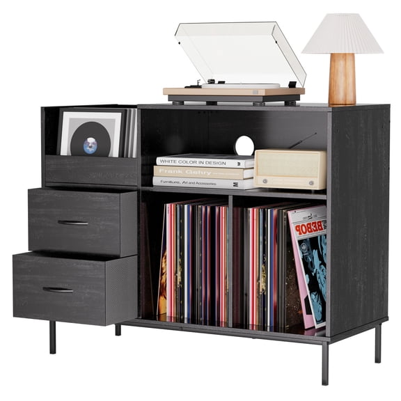 Eco-Friendly Record Player Stand with Flip-Top - Wood Vinyl Storage Cabinet with 2-Outlet Power Strip, Drawers & Dustproof Cubbies, Media Console for Living Room/Study, Black