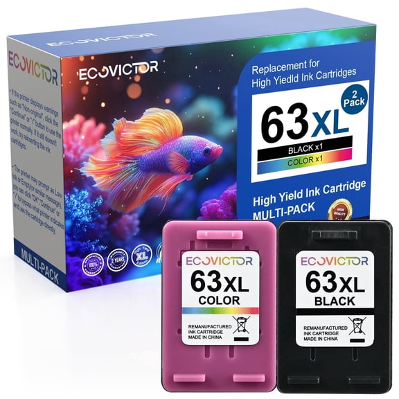 Eco-Friendly Ink Cartridge Replacement for 63 63XL 63 Black and Color Combo 2 Pack for 3830 4650 4652 4655 4520 4512 5255 5258 5252 5200 3833 3630 3632 2132 2130 Printer