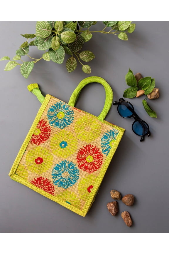 Eco Friendly Reusable Hand Made Medium Jute Tote Bag - Hand Painted Flower Sustainable Bag - Gift Bag
